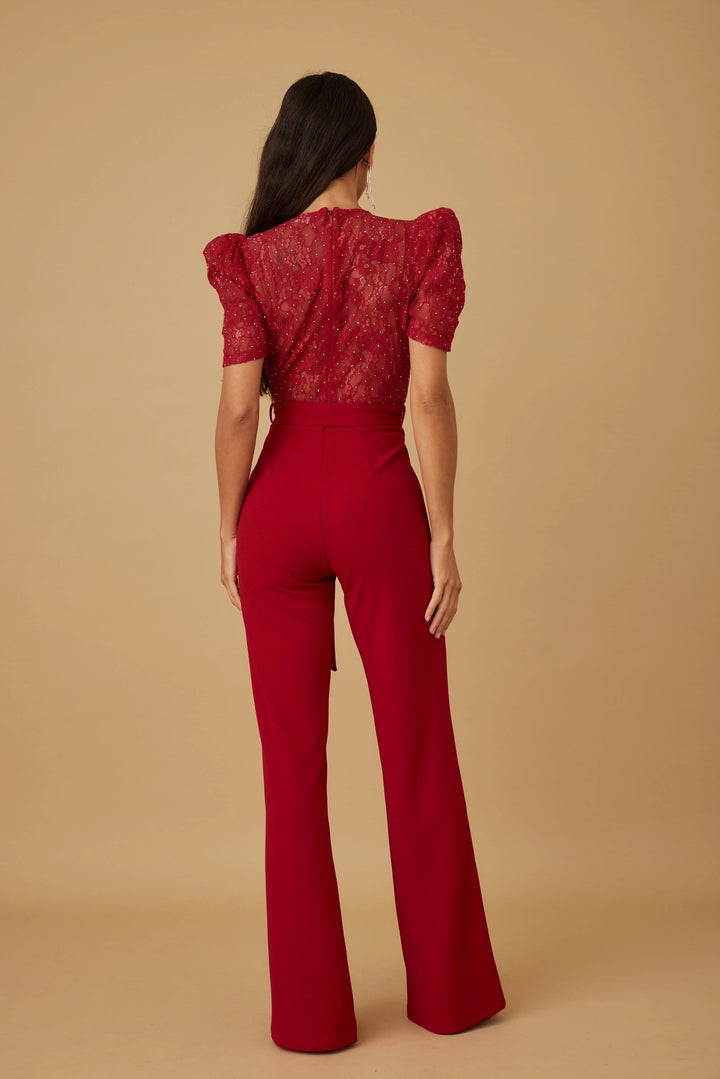 Flower embroidery with waist tie jumpsuit