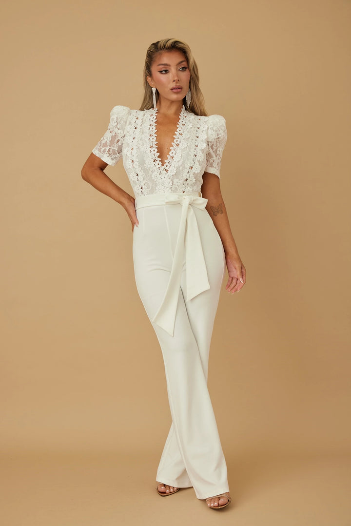 Flower embroidery with waist tie jumpsuit