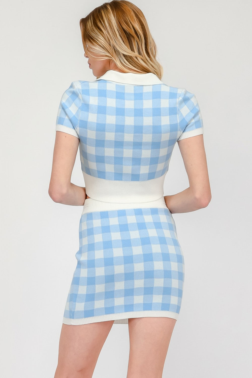 Collared crop check print knit top and skirt set