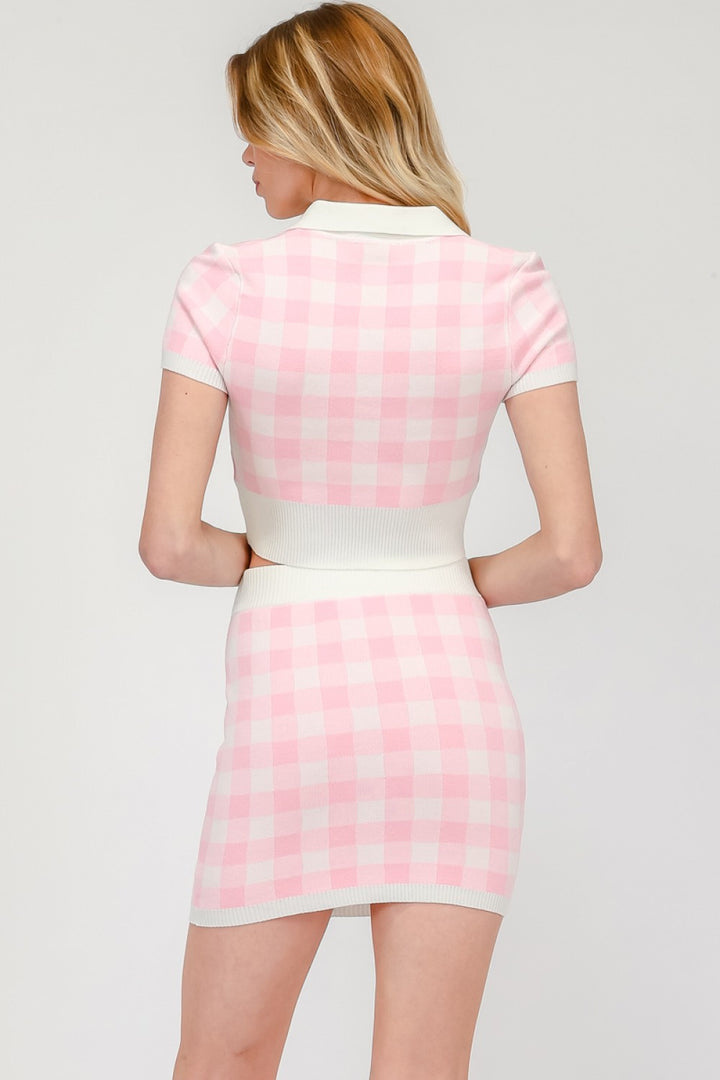 Collared crop check print knit top and skirt set