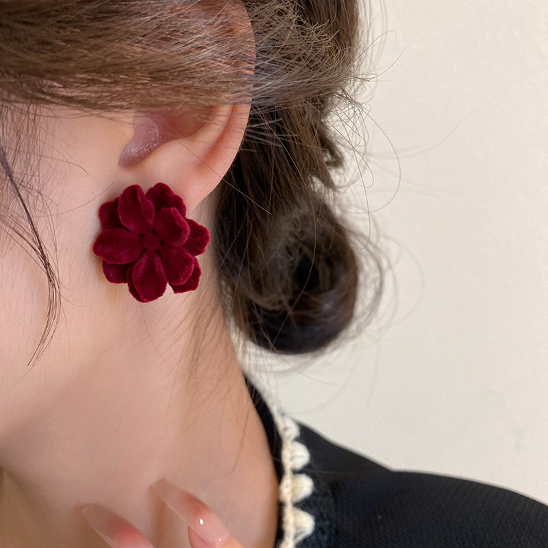 Retro Flower Flocking Three-dimensional Women's Velvet Ear Studs