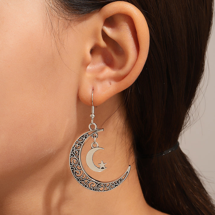 Vintage Style Star Moon Alloy 14k Gold Plated Dangling Earrings