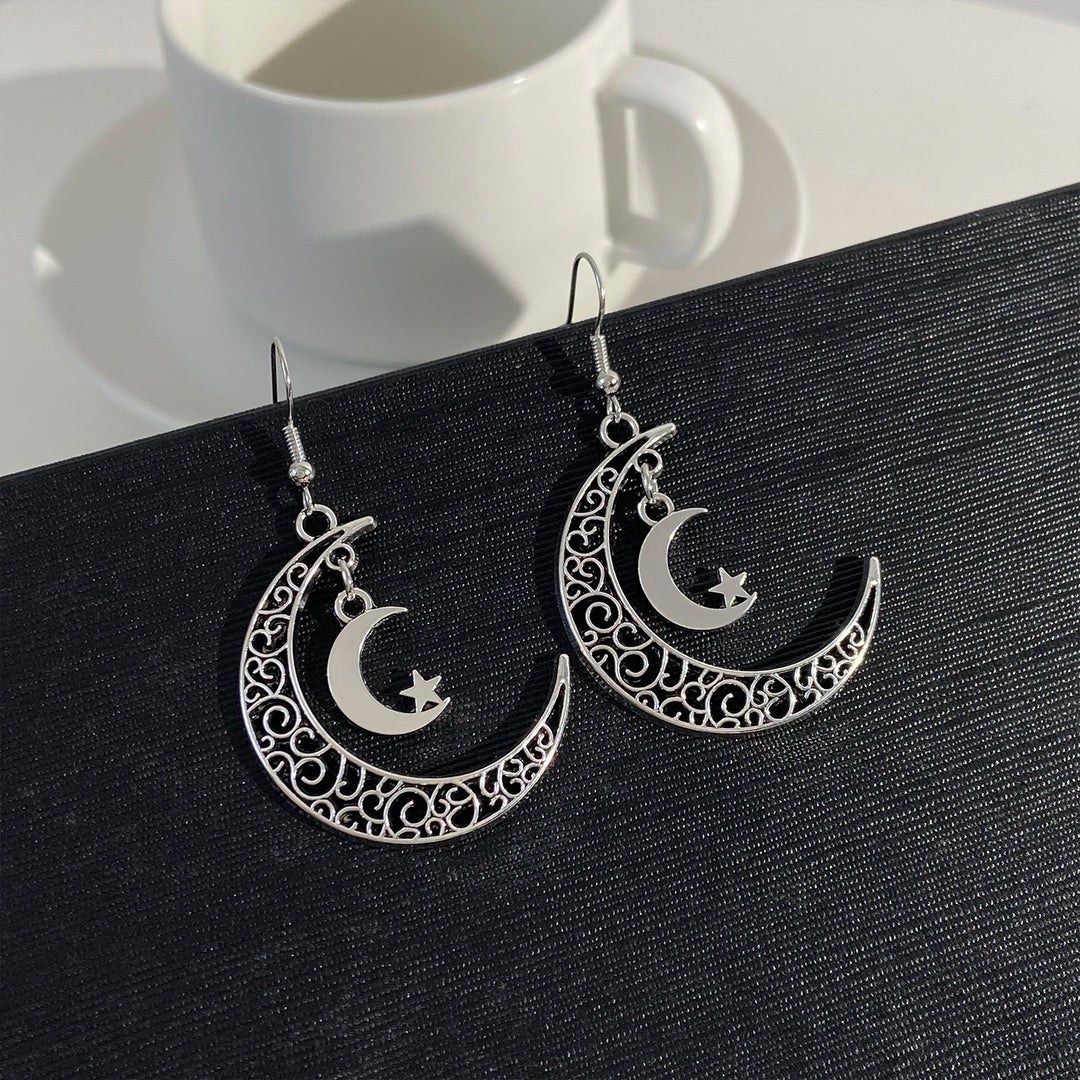 Vintage Style Star Moon Alloy 14k Gold Plated Dangling Earrings