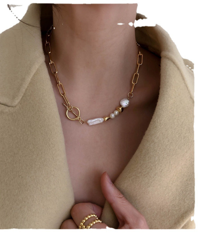 Freshwater Pearl & 18K Gold Plated Mix Geometric Necklace