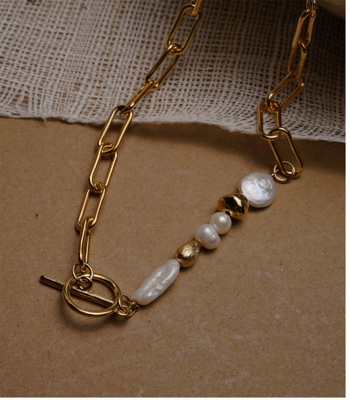 Freshwater Pearl & 18K Gold Plated Mix Geometric Necklace