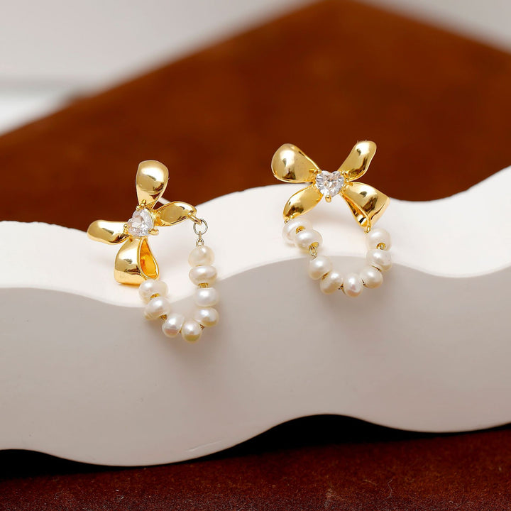 Bow Knot Freshwater Pearl 18k Gold Plated Earrings