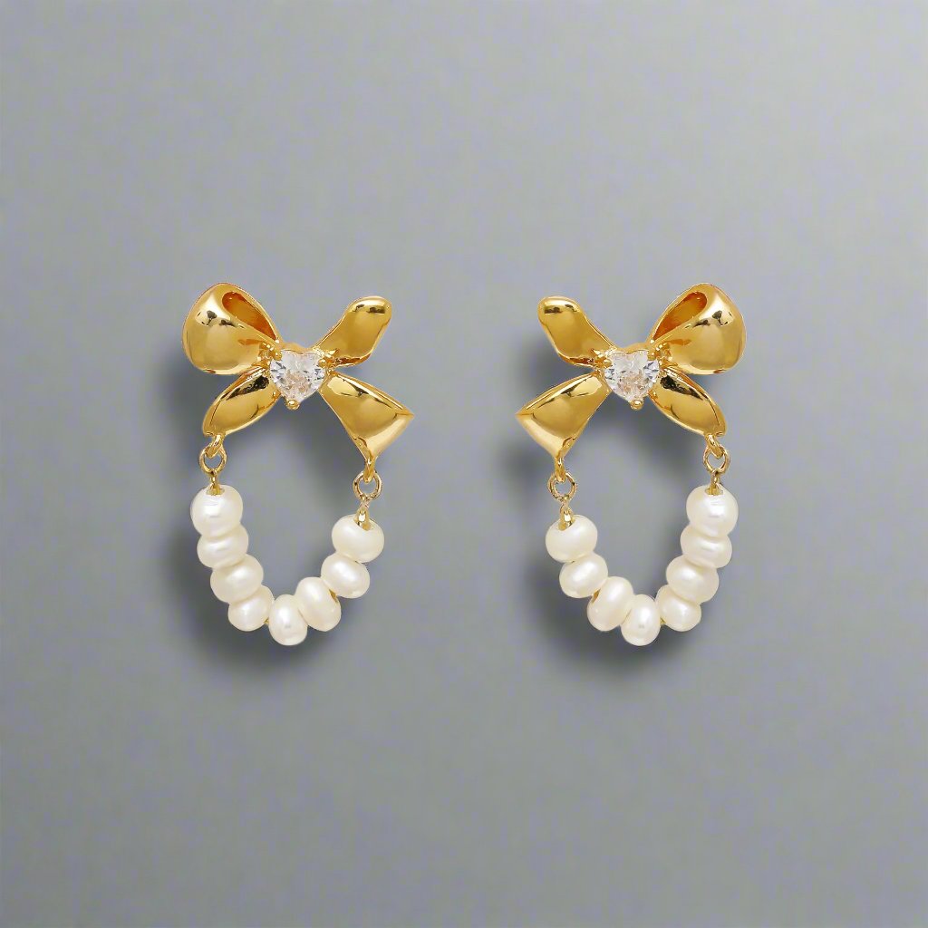 Bow Knot Freshwater Pearl 18k Gold Plated Earrings