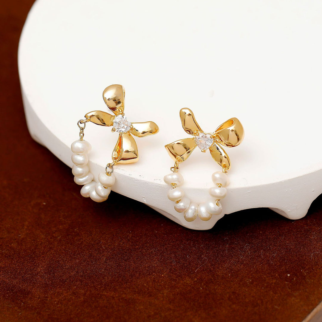 Bow Knot Freshwater Pearl 18k Gold Plated Earrings