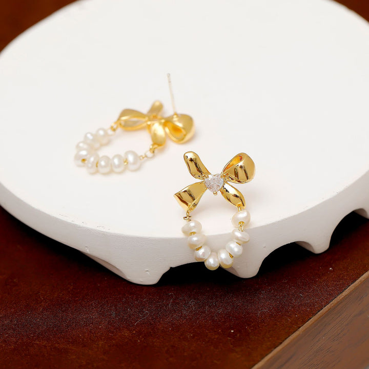 Bow Knot Freshwater Pearl 18k Gold Plated Earrings