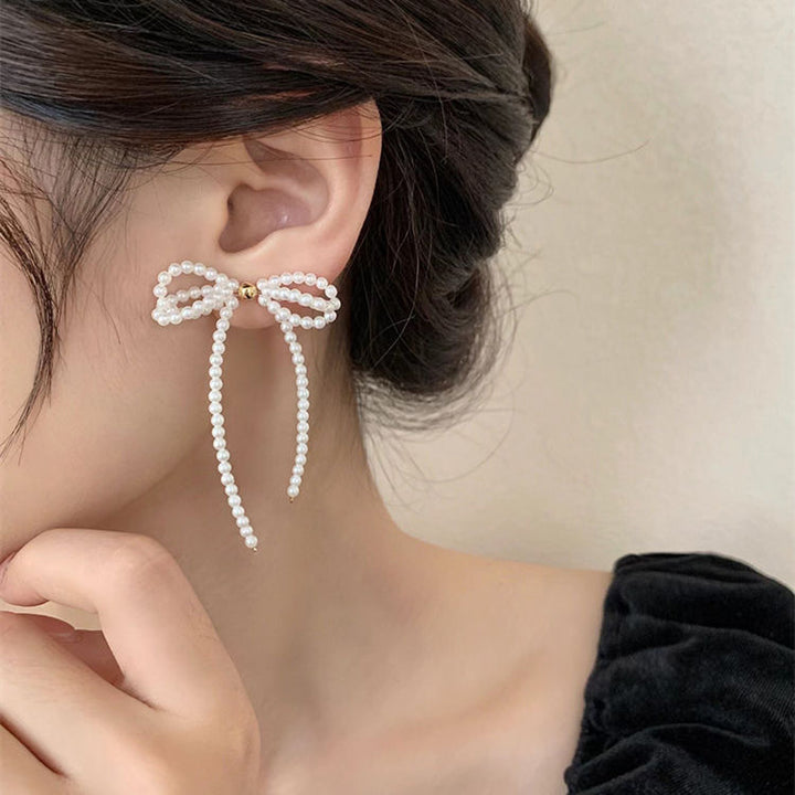 Elegant Bow Knot Beaded Alloy Drop Pearl Earrings