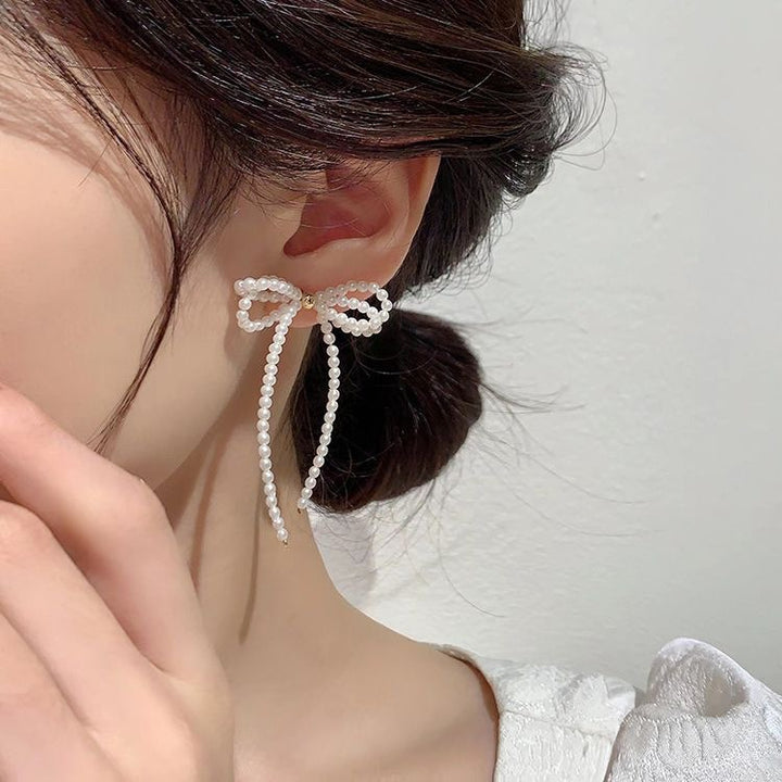 Elegant Bow Knot Beaded Alloy Drop Pearl Earrings