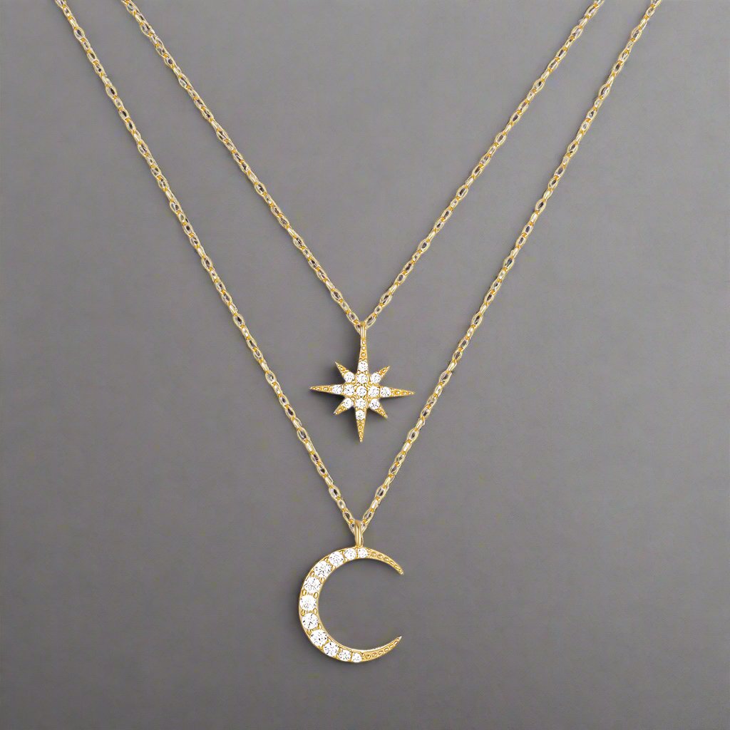 Cable Chain Gold Plating Inlay Star Moon Double Layer Necklaces