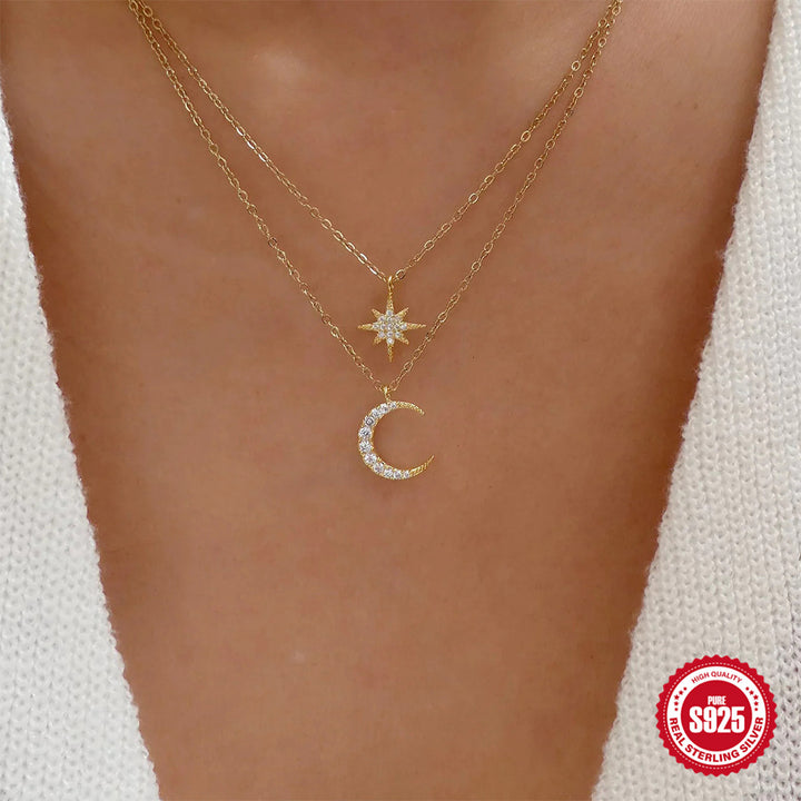 Cable Chain Gold Plating Inlay Star Moon Double Layer Necklaces