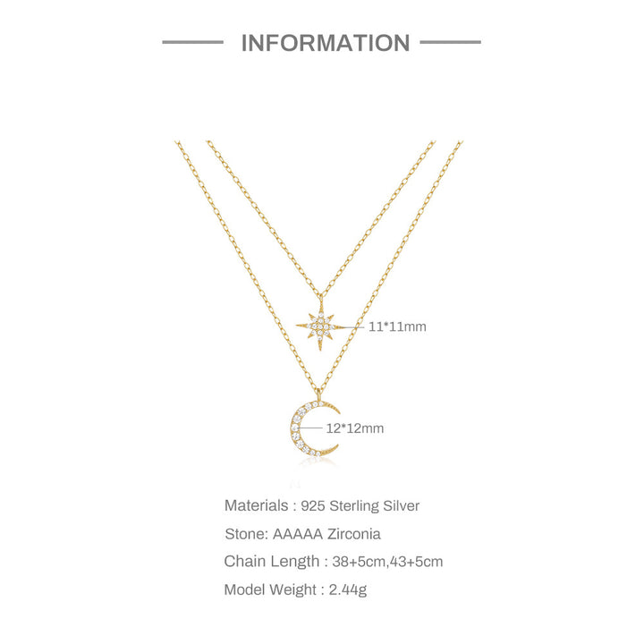 Cable Chain Gold Plating Inlay Star Moon Double Layer Necklaces