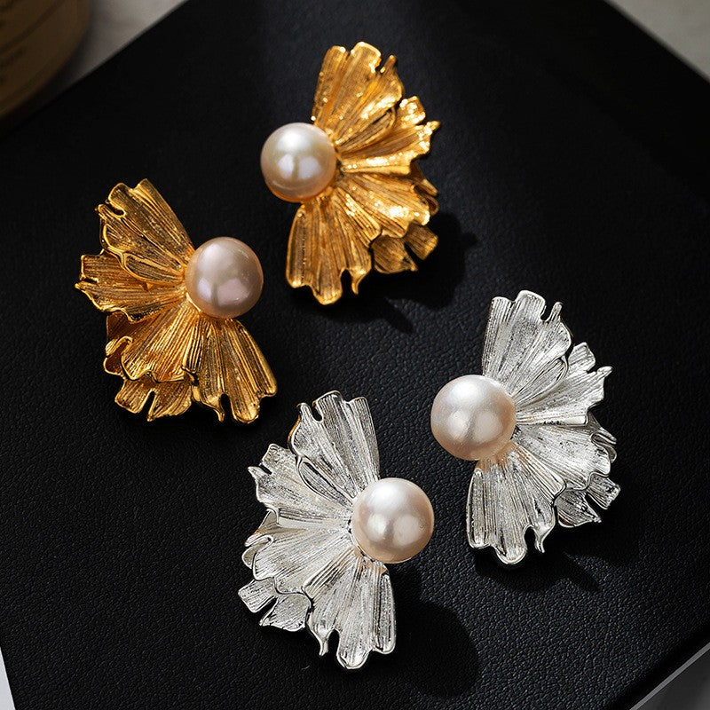 Flower Plating Inlay Carving Brass Pearl Gold Plated Drop Earrings Ear Studs