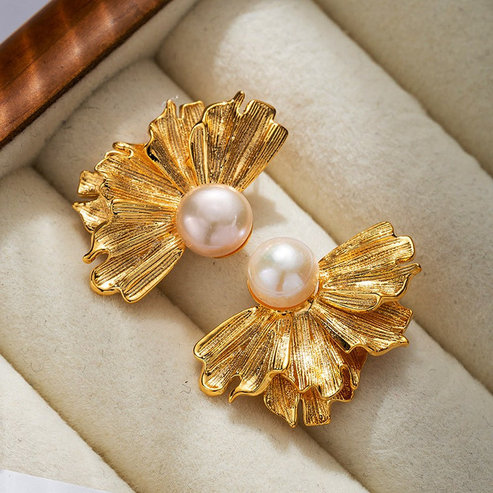 Flower Plating Inlay Carving Brass Pearl Gold Plated Drop Earrings Ear Studs