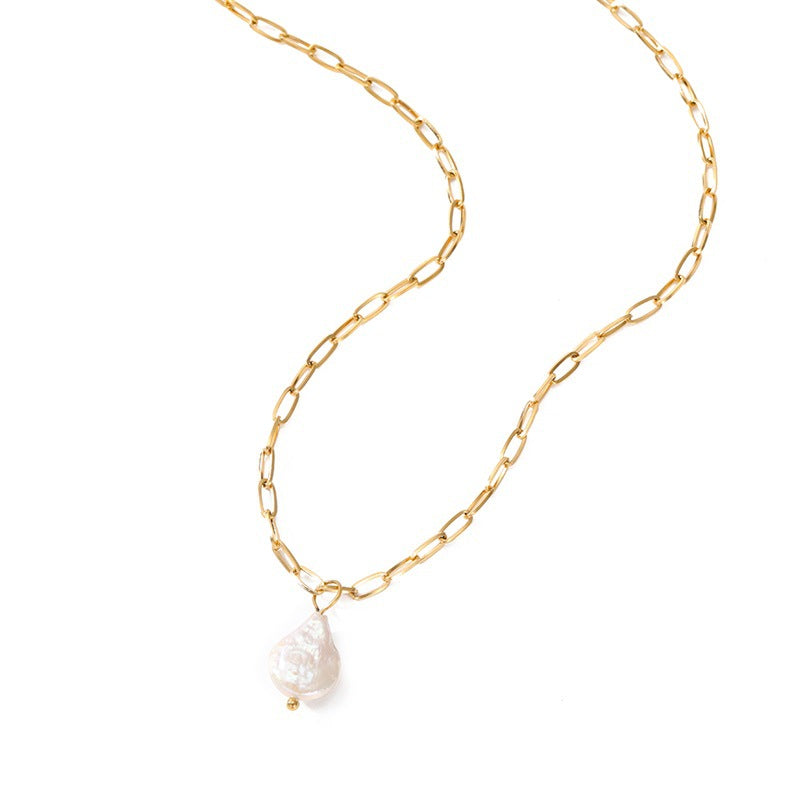 Freshwater Water Droplets Pearl Pendant Stainless Steel 14K Gold Plated Necklace