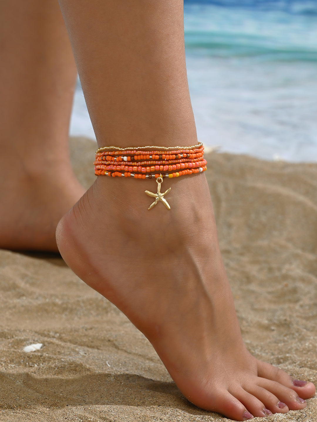 Beach Starfish Elastic String Seed Bead Zinc Alloy Beaded Anklet