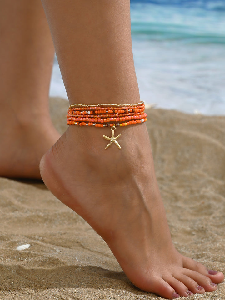 Beach Starfish Elastic String Seed Bead Zinc Alloy Beaded Anklet