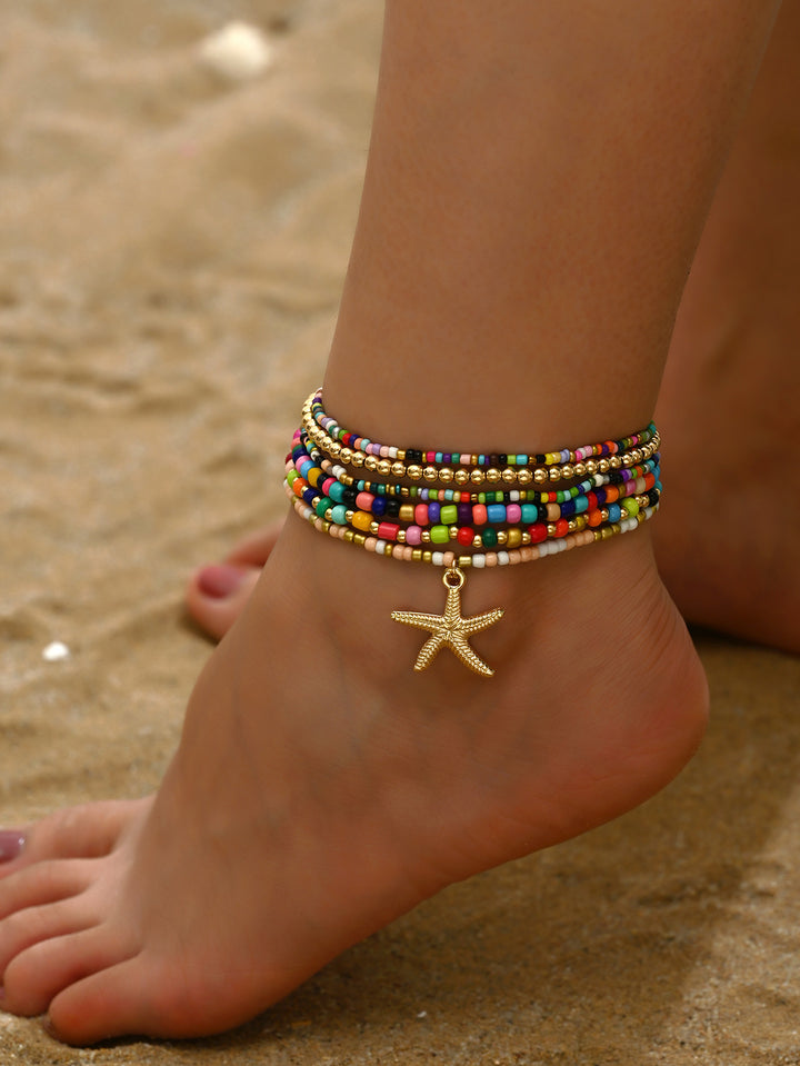 Beach Starfish Elastic String Seed Bead Zinc Alloy Beaded Anklet