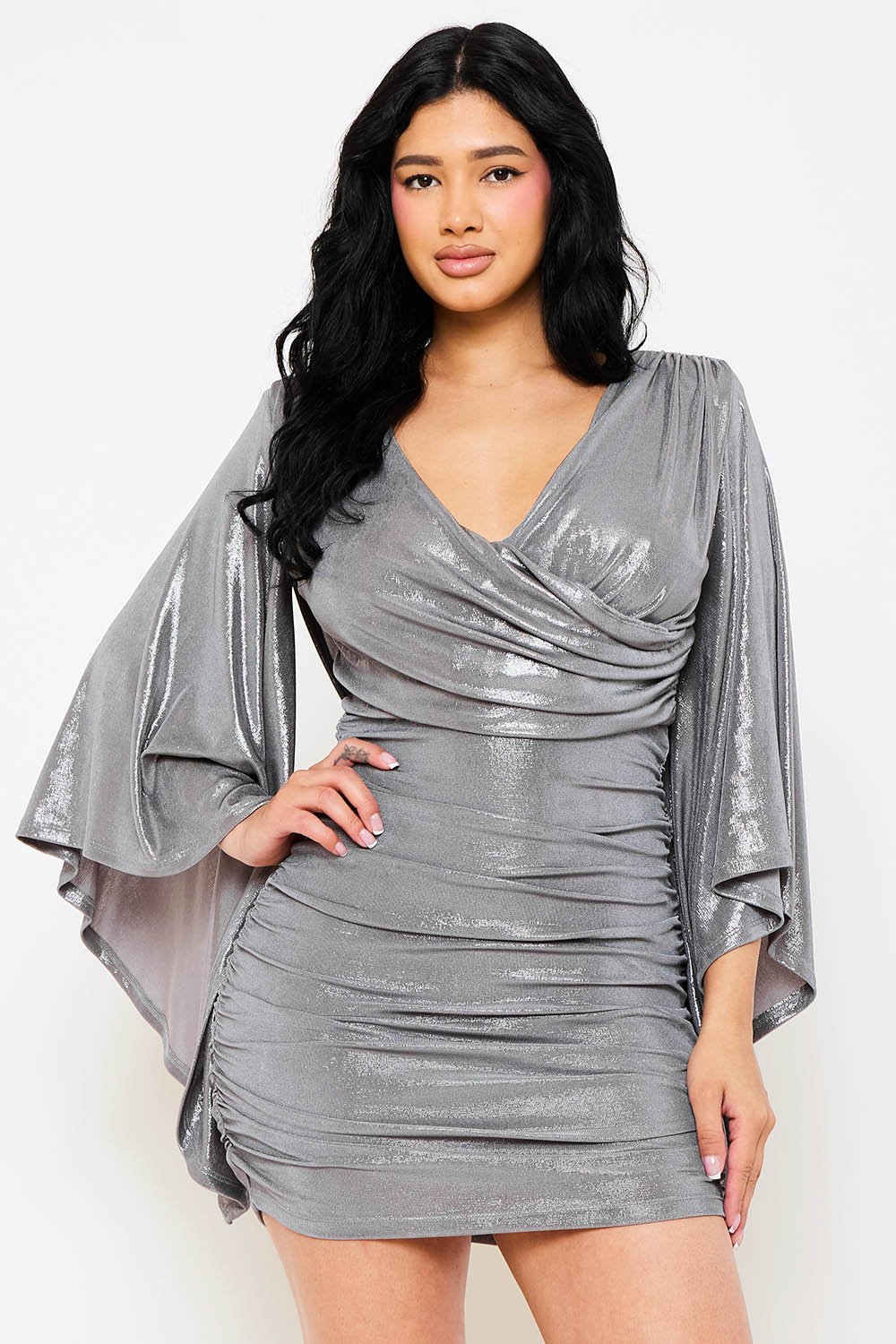 Metallic bell sleeve ruched mini dress