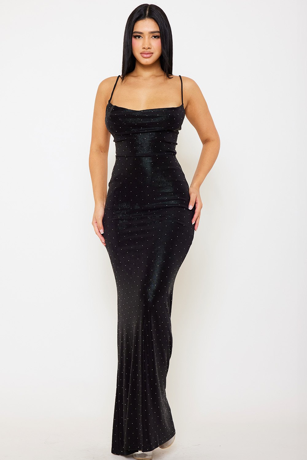 Rhinestone slim cowl neck maxi dress