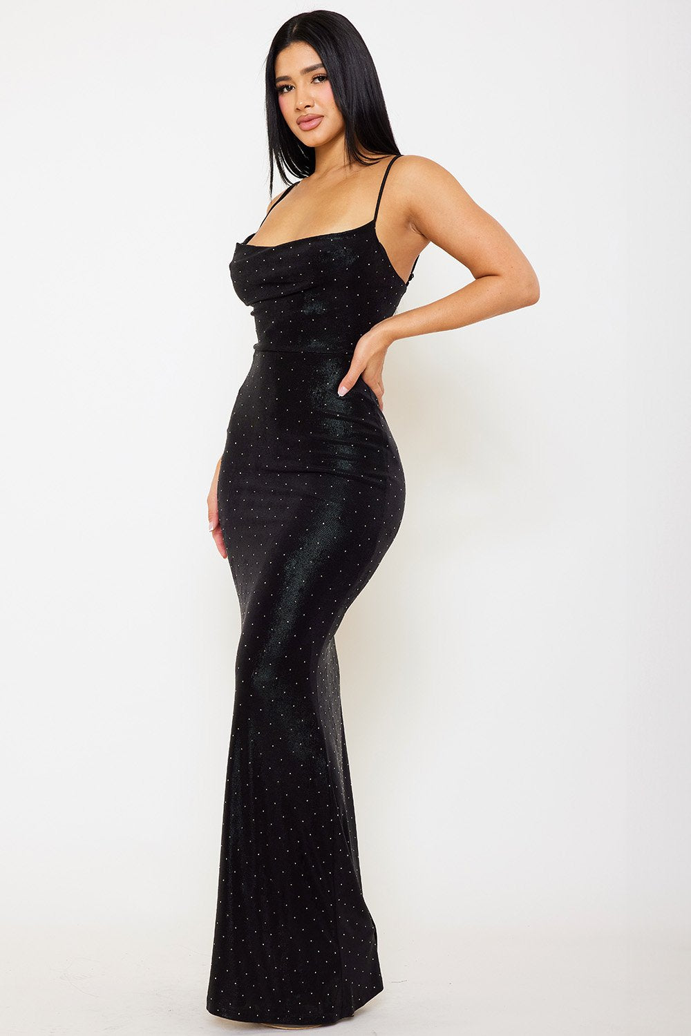 Rhinestone slim cowl neck maxi dress