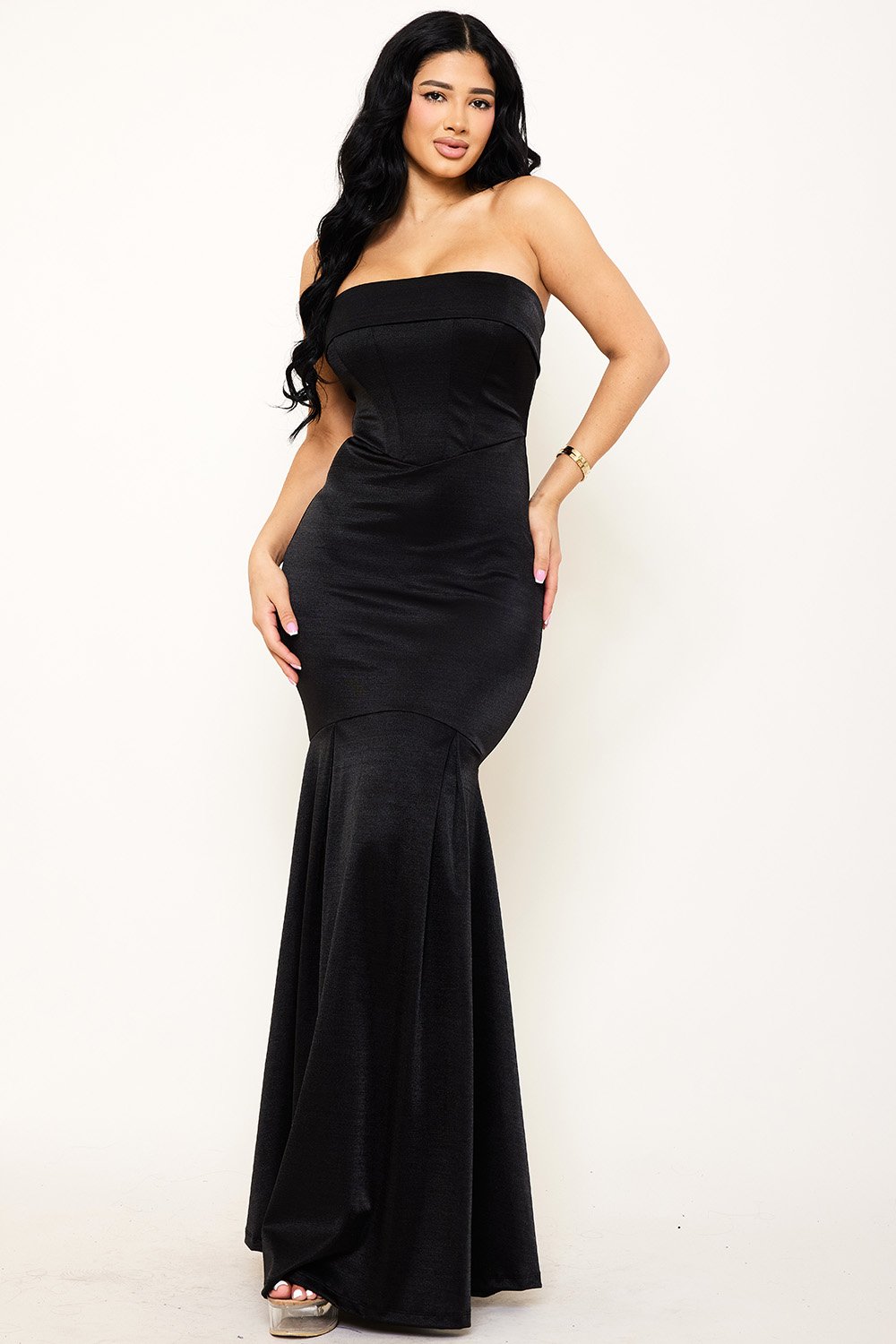 Metallic satin tube top mermaid maxi dress