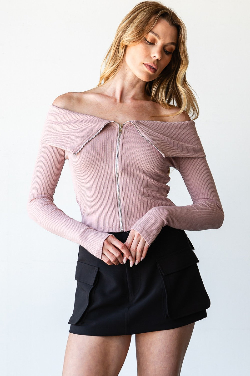 Off shoulder zipper long sleeve top