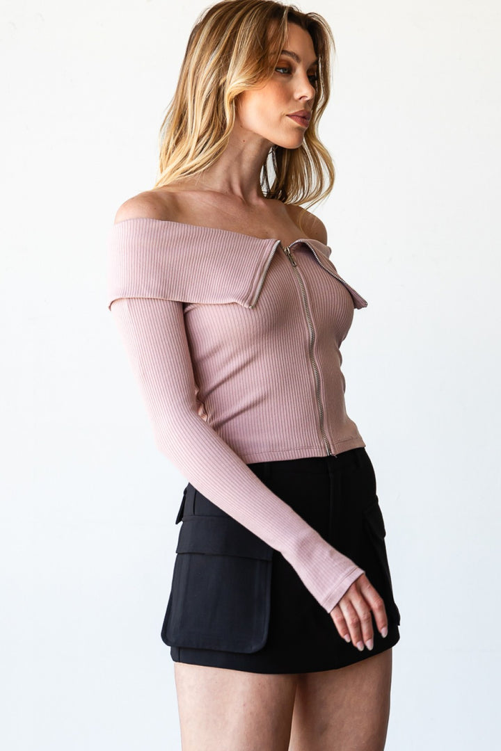 Off shoulder zipper long sleeve top