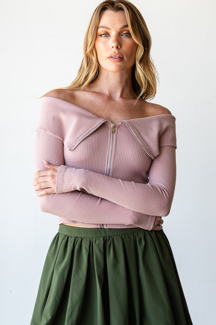 Off shoulder zipper long sleeve top