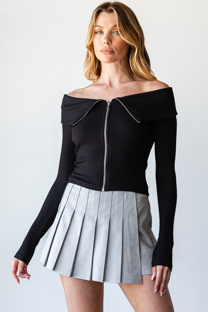 Off shoulder zipper long sleeve top