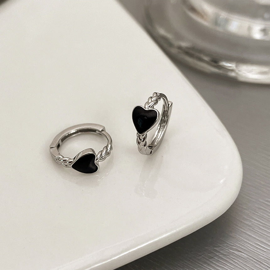 White Gold Plating Black Heart Earrings